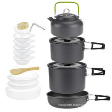 Picnic Cookset Survival Outdoor Camping Cookware Mess Kit with Pan Pot Tea Kettle bowls for 4-5 Person